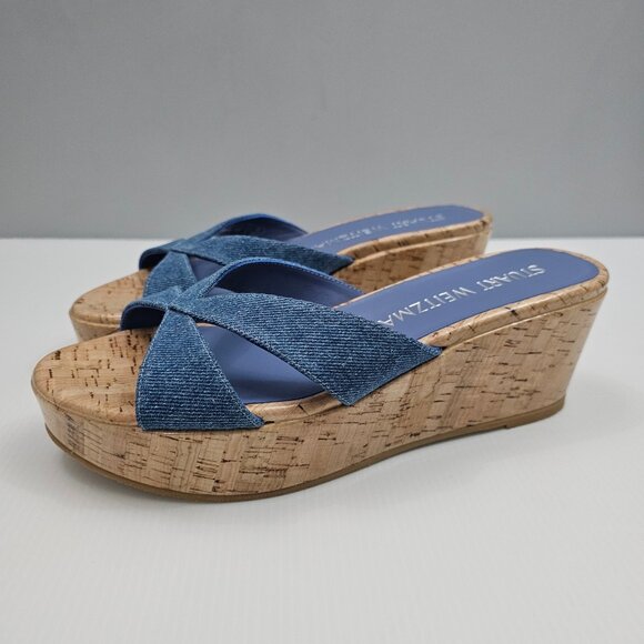 NEW Stuart Weitzman Carmen Midi Sandal Womens 8.5 Denim Cork Platform Wedge - Picture 1 of 12